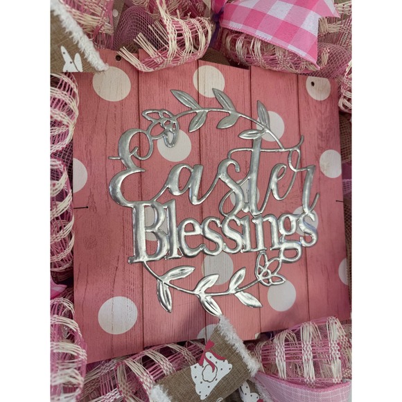 Beige Pink Easter Blessings Deco Mesh Ribbon Spring Wreath Front Door Hanger - Picture 2 of 8